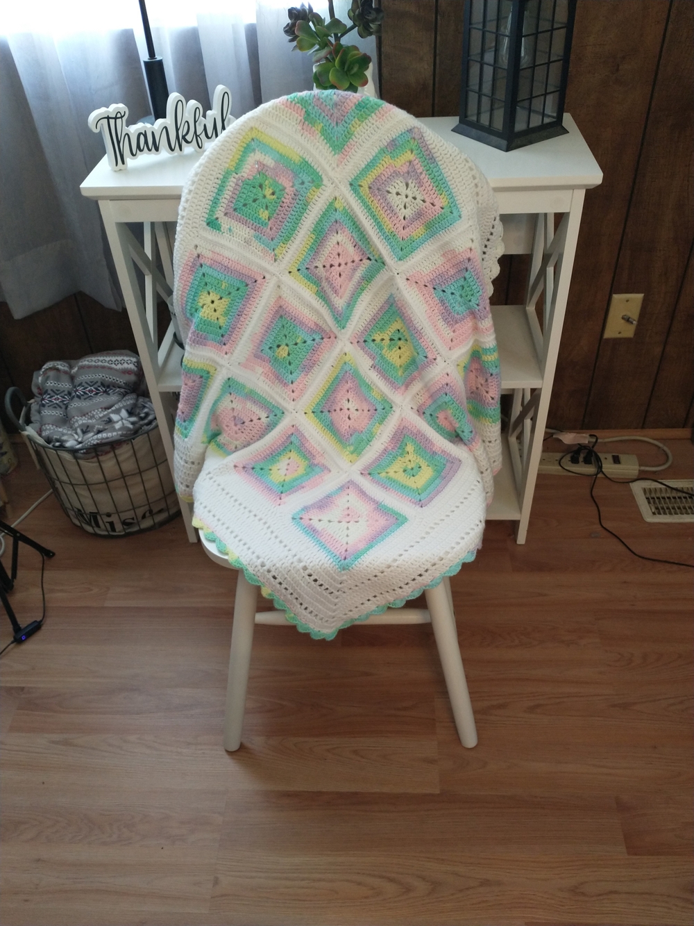 New Handmade Crochet Granny Square Throw - Pastel Multi on White